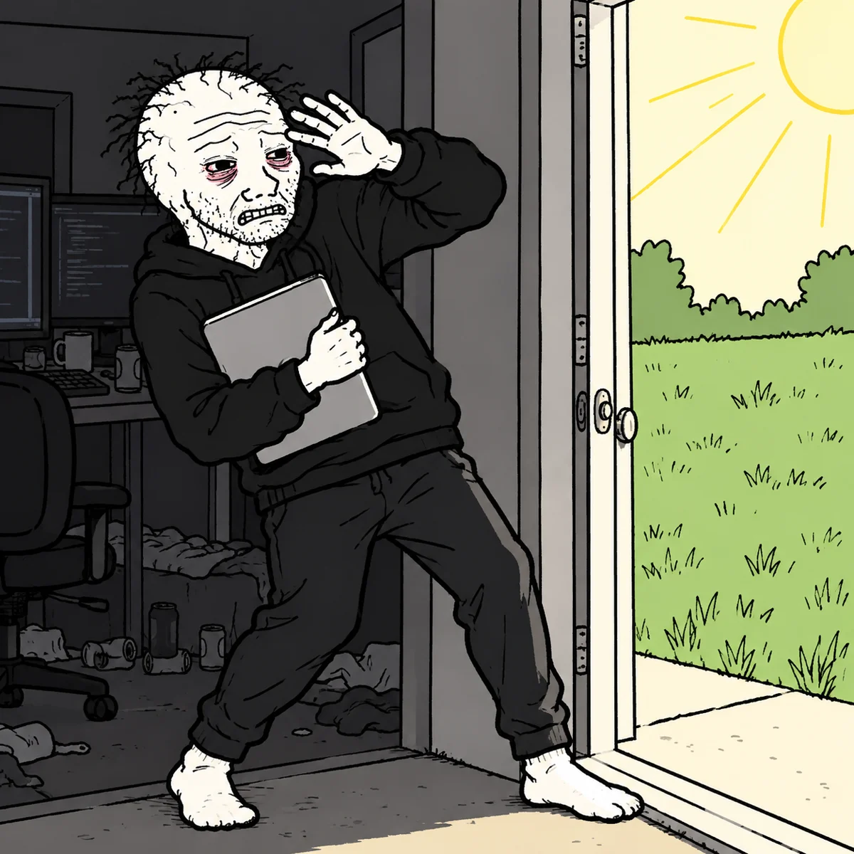 Gitcel recoiling from sunlight and grass